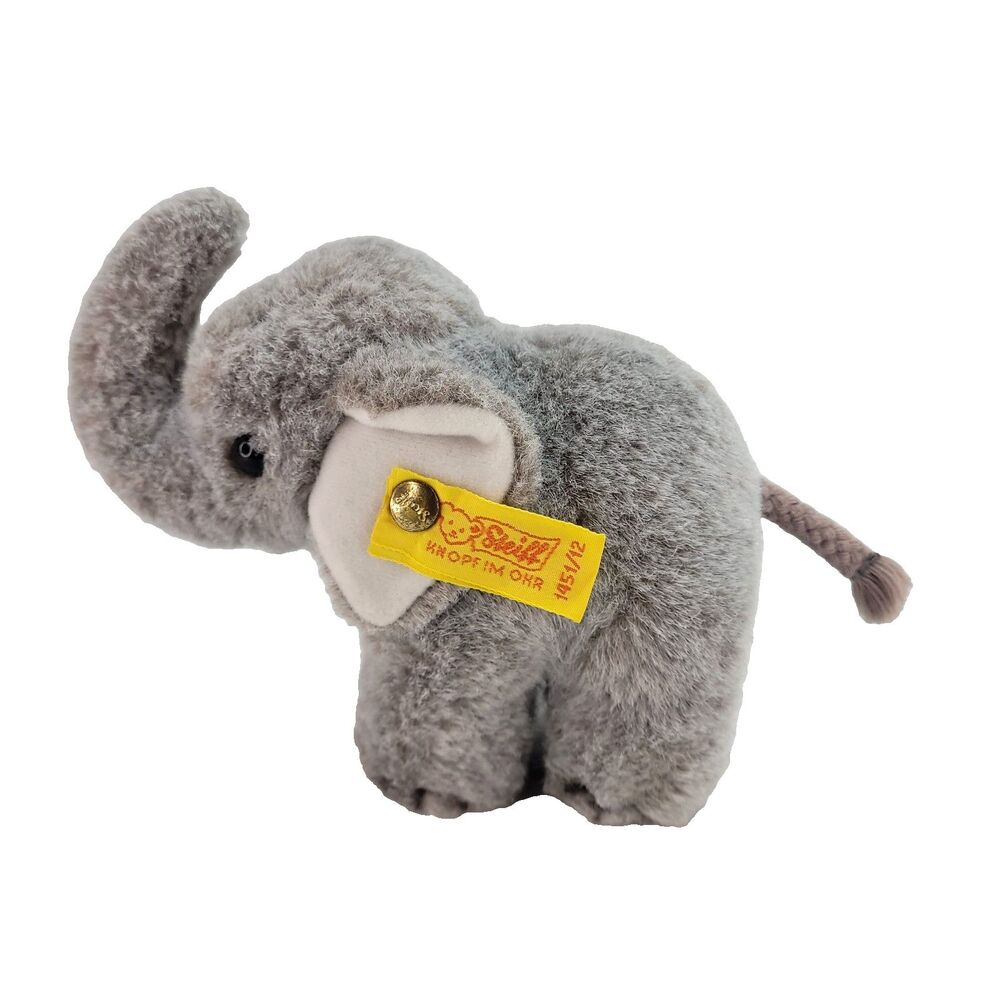 Steiff Jumbo Baby Elephant Plush 5" Gray Yarn Tail Button Eyes Vtg germany